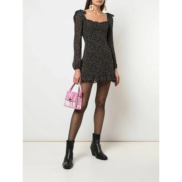 Reformation Elin Black Confetti Polka Dot Square Neck Bow Shoulder Mini Dress 4 - Picture 1 of 10